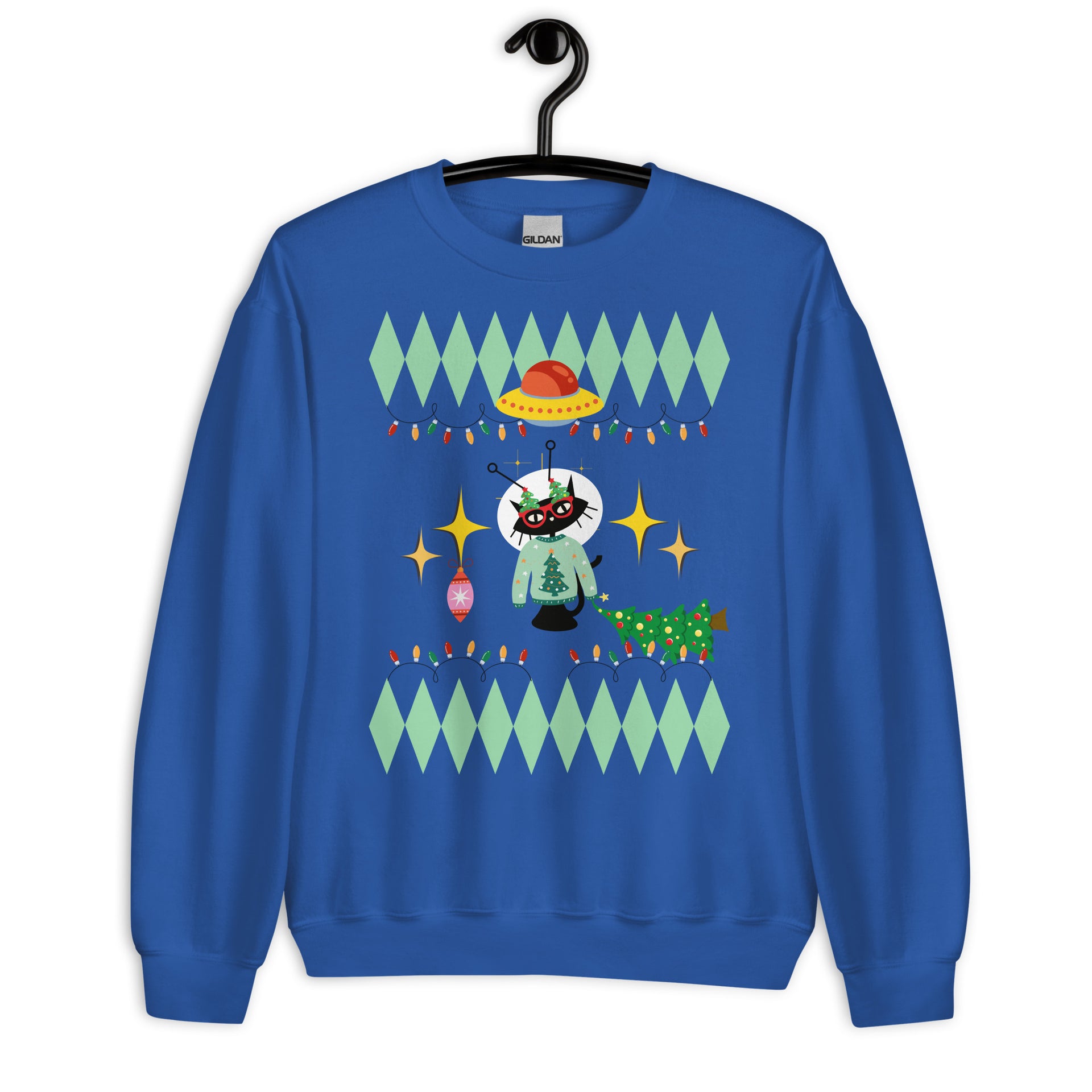 Space cat holiday sweatshirt in royal — Galactic Ink Club
