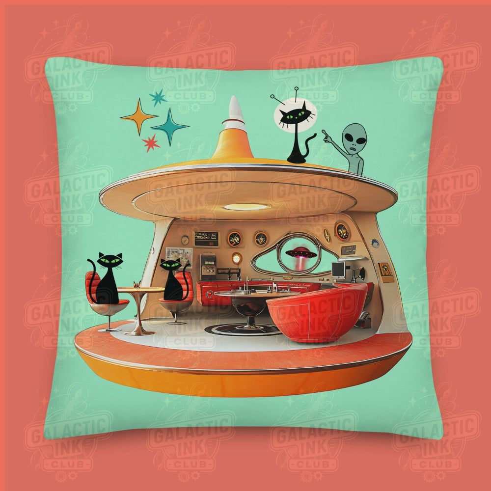 Space Cat Invasion retro illustration Pillow by Galactic Ink Club
