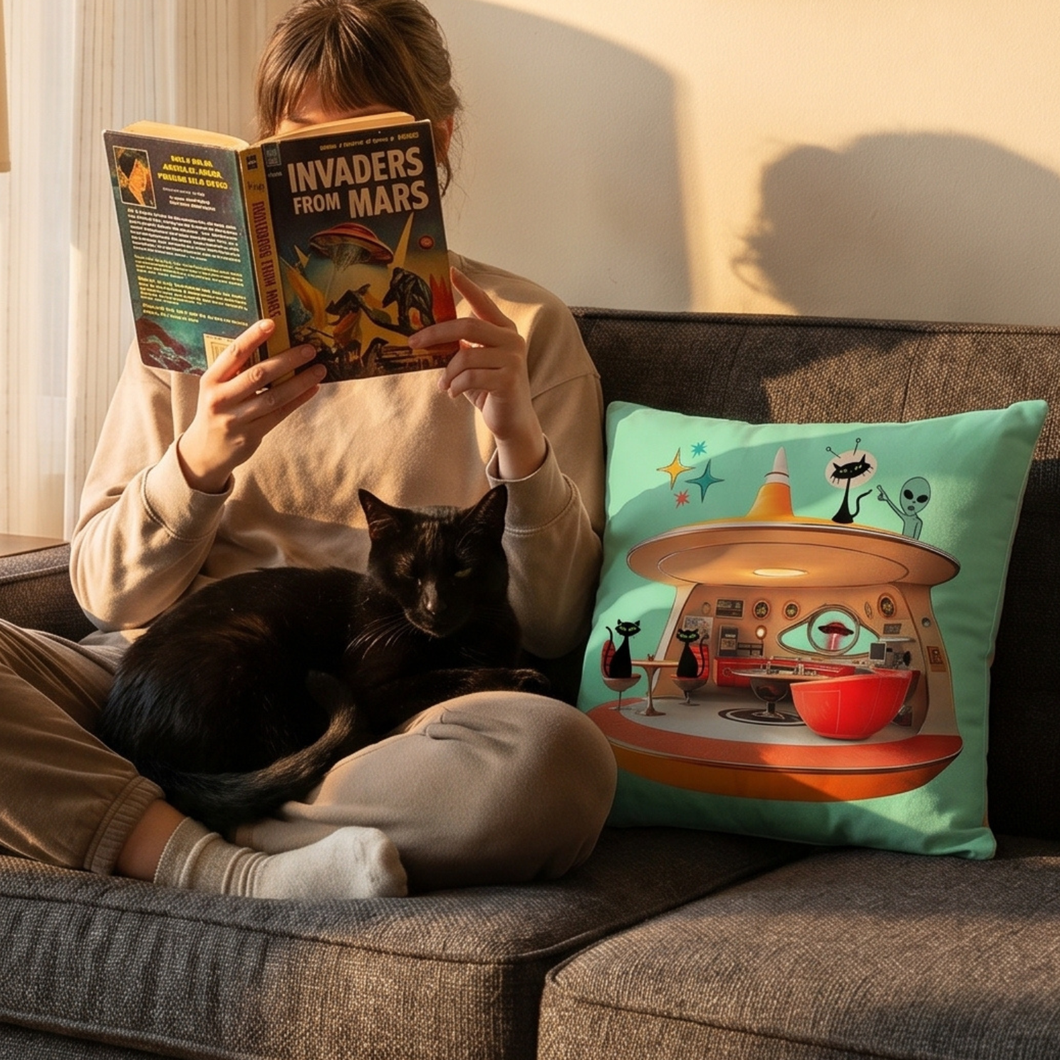 Space Cat Invasion retro illustration Pillow by Galactic Ink Club