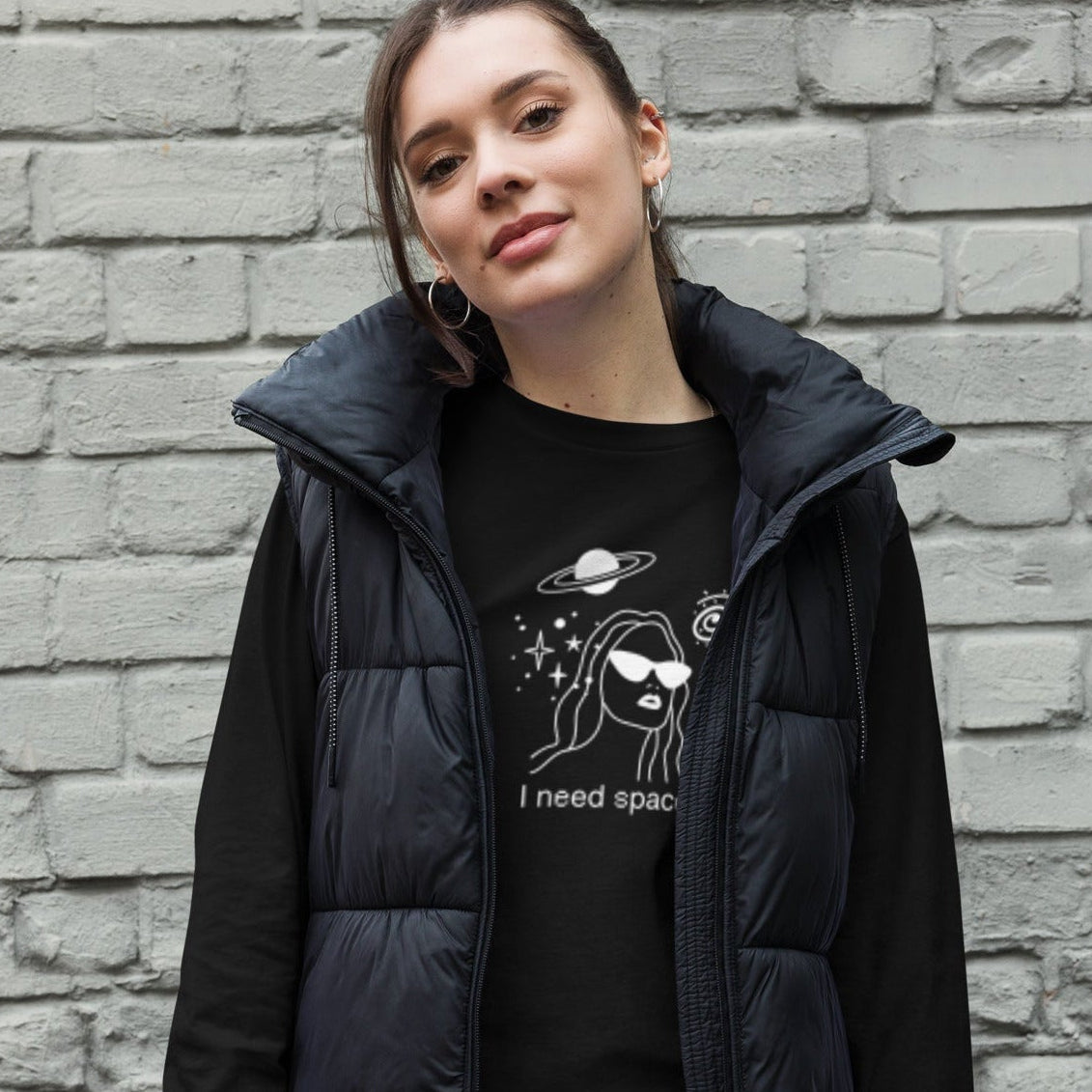 Stargazer Retro-Inspired Graphic Long-sleeve Tee on woman standing outdoors — Galactic Ink Club

