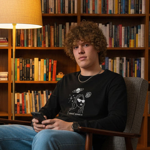 Stargazer Retro-Inspired Graphic Long-sleeve Tee on man sitting in library — Galactic Ink Club

