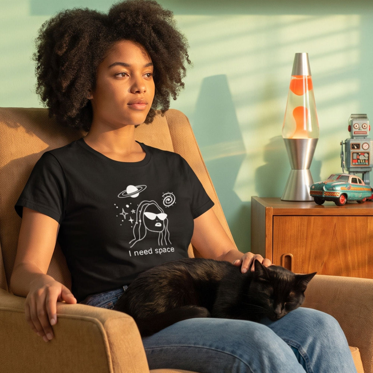 Stargazer Retro-Inspired Graphic Tee retro graphic t-shirt on woman sitting with cat — Galactic Ink Club

