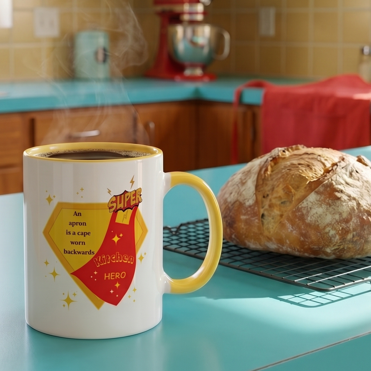 Super Kitchen Hero retro graphic mug on teal countertop with KitchenAid mixer and fresh bread — Galactic Ink Club