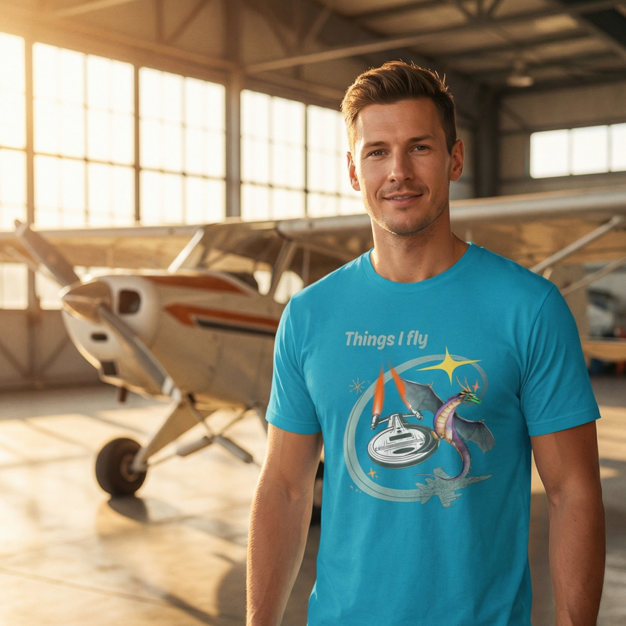 Things I Fly retro-inspired graphic tee on man standing in airplane hangar — Galactic Ink Club
