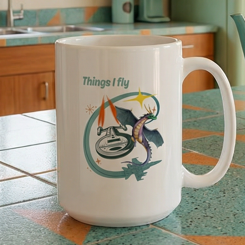 Things I Fly pilot retro graphic mug in mid-century modern kitchen — Galactic Ink Club