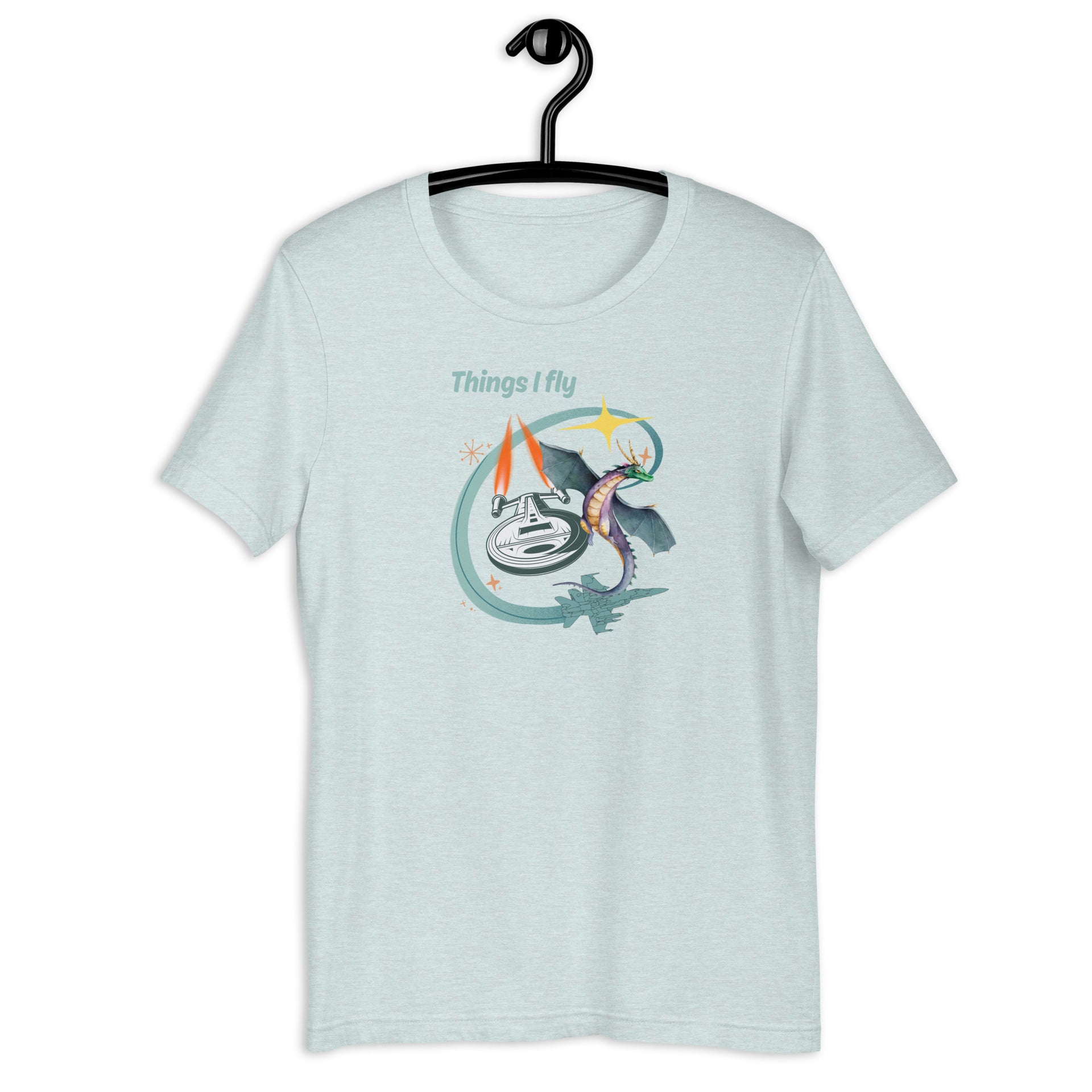 Things I Fly retro-inspired graphic tee in heather prism light blue — Galactic Ink Club

