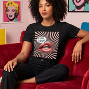 Tick Tock retro-inspired graphic tee worn by woman in mid-century modern setting — Galactic Ink Club