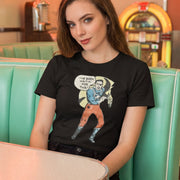 To the Rescue retro-inspired graphic tee worn by woman in teal retro diner booth with jukebox — Galactic Ink Club