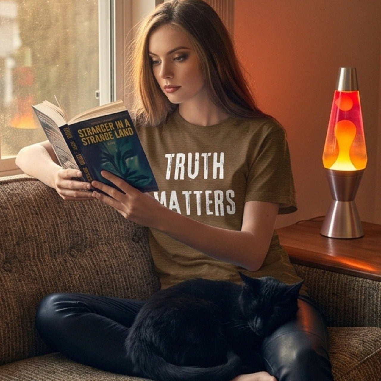 Truth Matters retro-inspired graphic tee dark edition worn by woman in mid-century modern setting — Galactic Ink Club
