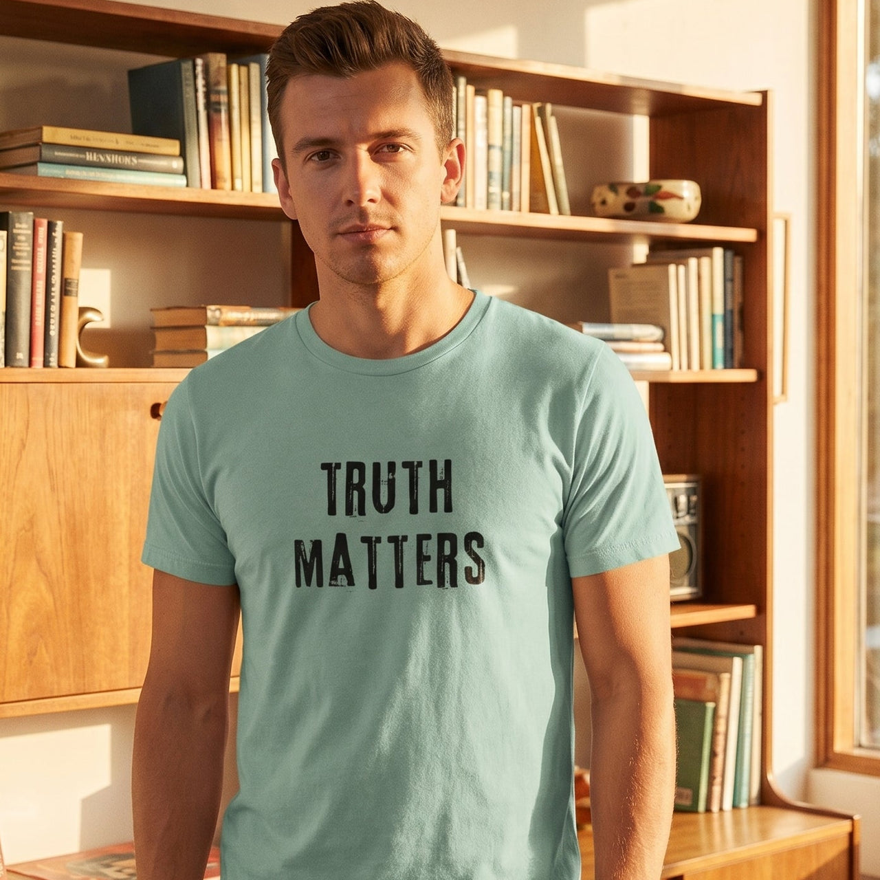 Truth Matters retro-inspired graphic tee light edition worn by person in mid-century modern setting — Galactic Ink Club
