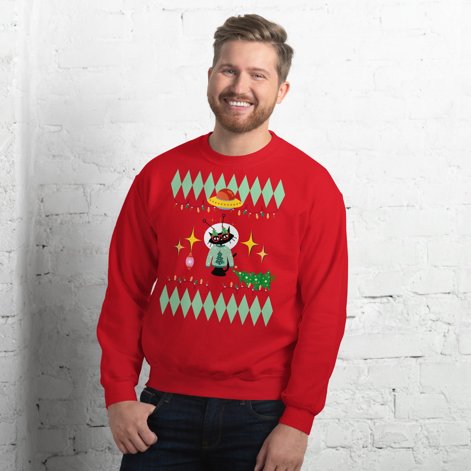 Space Cat Holiday retro graphic sweatshirt by Galactic Ink Club