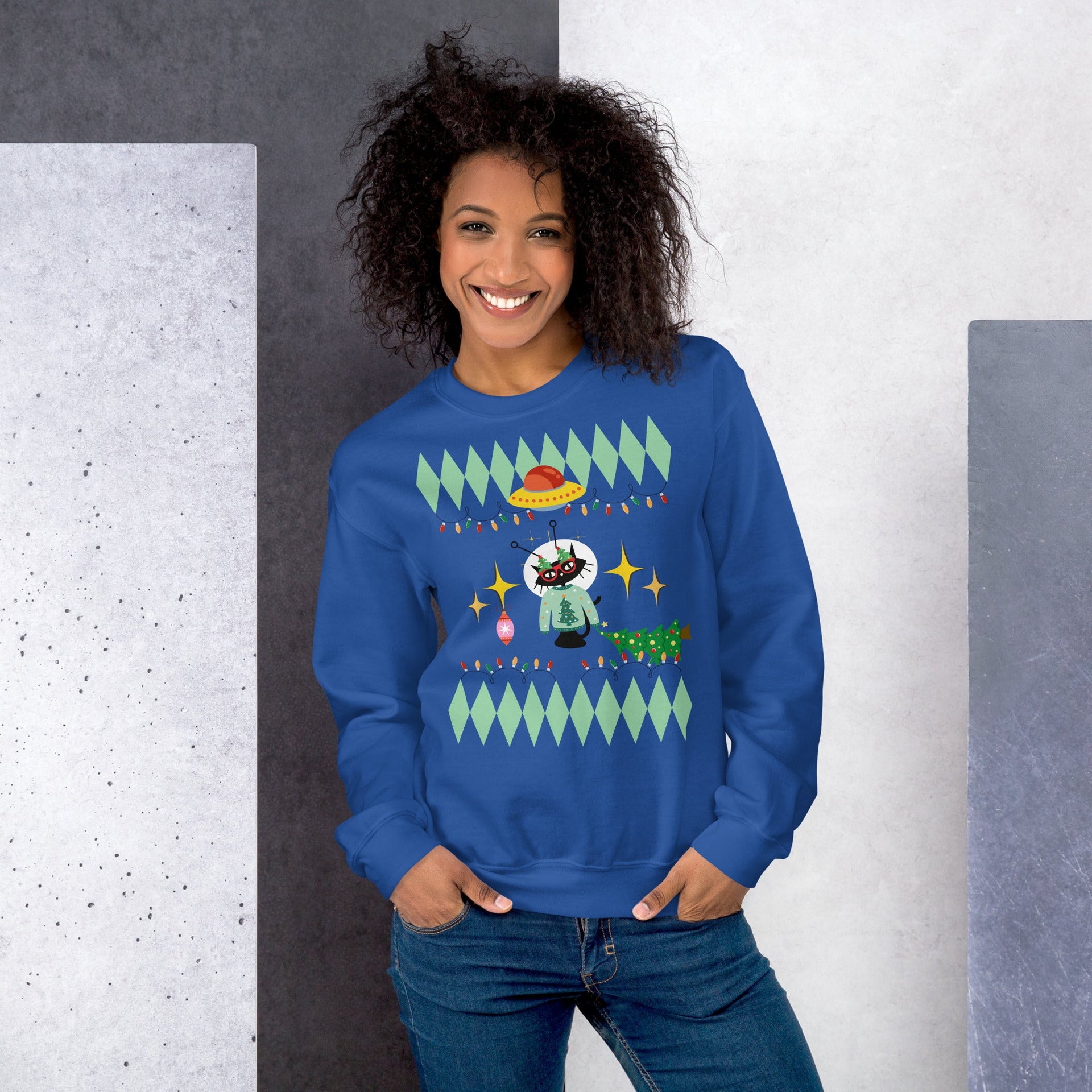 Space Cat Holiday retro graphic sweatshirt by Galactic Ink Club