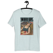 Wake Up! retro-inspired graphic tee in heather prism ice blue— Galactic Ink Club