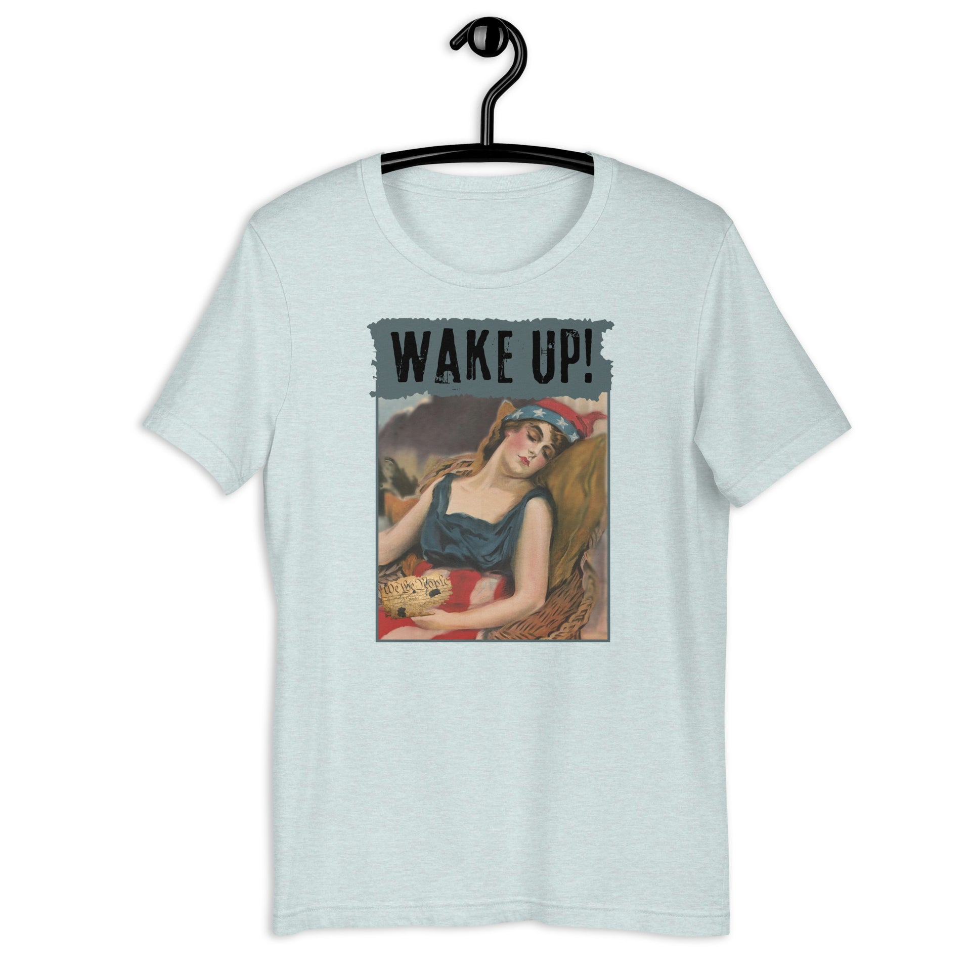 Wake Up! retro-inspired graphic tee in heather prism ice blue— Galactic Ink Club
