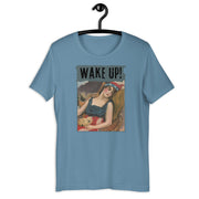 Wake Up! retro-inspired graphic tee in steel blue — Galactic Ink Club