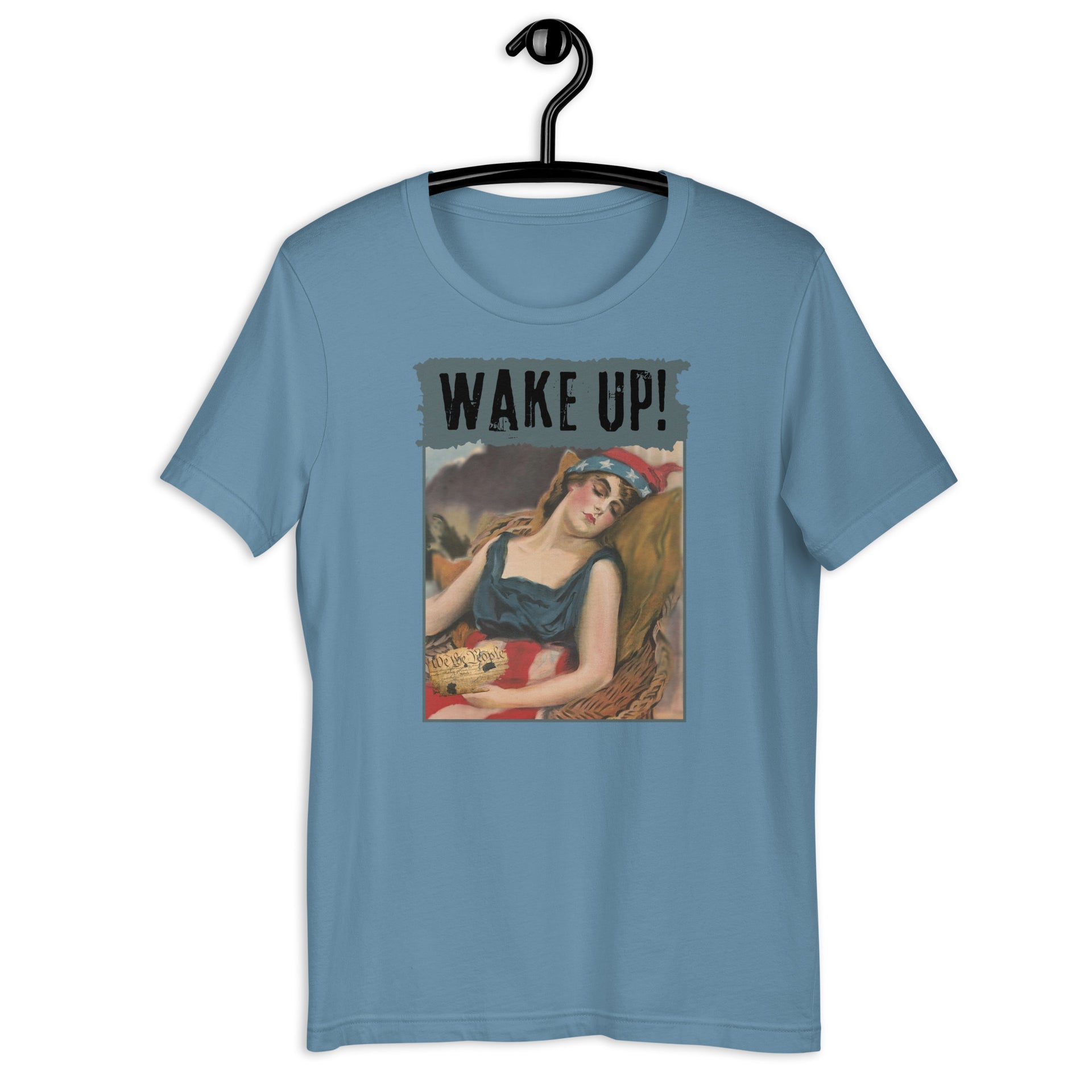 Wake Up! retro-inspired graphic tee in steel blue — Galactic Ink Club