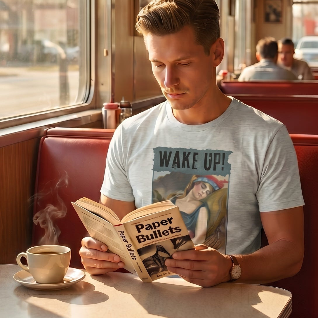 Wake Up! retro-inspired graphic tee worn by man reading Paper Bullets in retro diner booth with steaming coffee — Galactic Ink Club