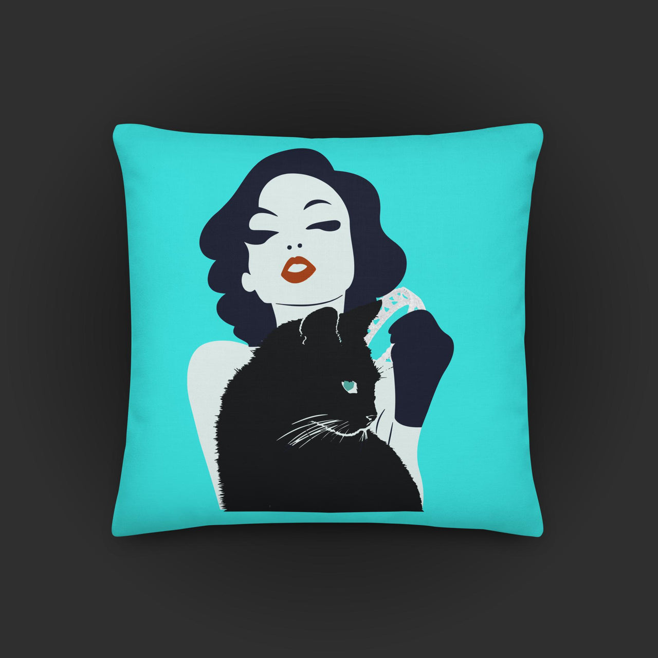 Woman and Black Cat Premium Pillow