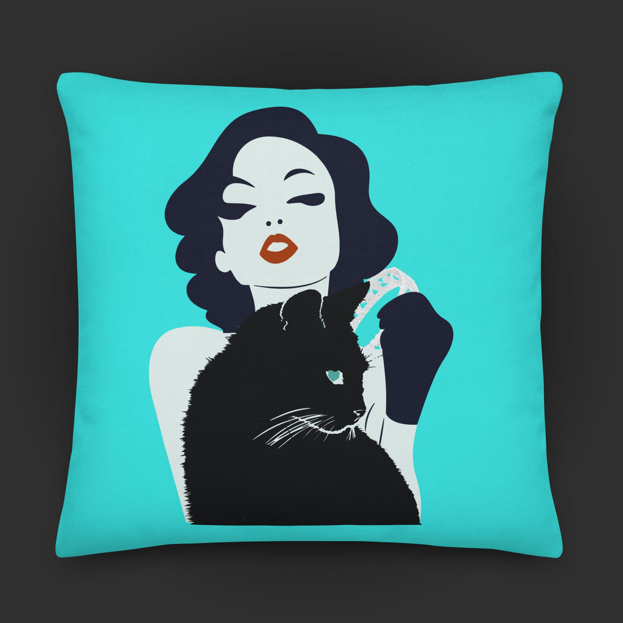 Woman and Black Cat Premium Pillow